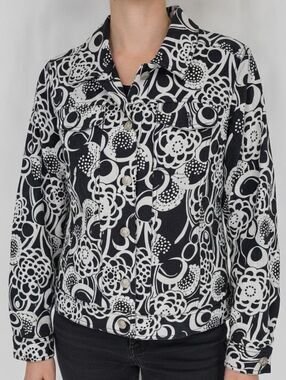Birch Hill Womens Sz M 100% Linen Button Up Jacket Black White Floral Print